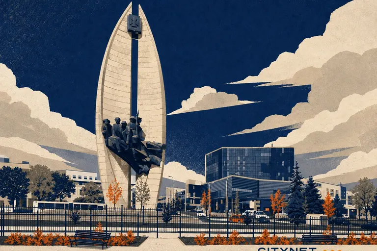 Pomnik Czynu Rewolucyjnego i centrum Rzeszowa w ilustracyjnym stylu Citynet