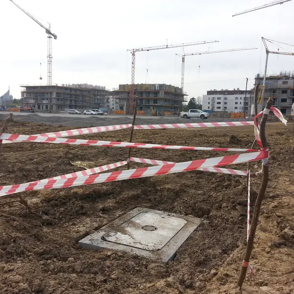 Betonowa studnia kablowa CityNet osadzona na budowie osiedla mieszkaniowego w Rzeszowie — kanalizacja teletechniczna pod doprowadzenie swiatlowodu do nowych blokow.