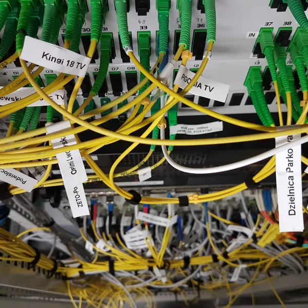 Przelacznica swiatlowodowa w wezle CityNet z gesto wpietymi zlaczami SC/APC i opisanymi patchcordami osiedli (Dzielnica Parkowa, Pigonia, Podwislocze) — rozdzial internetu i telewizji w sieci w Rzeszowie.