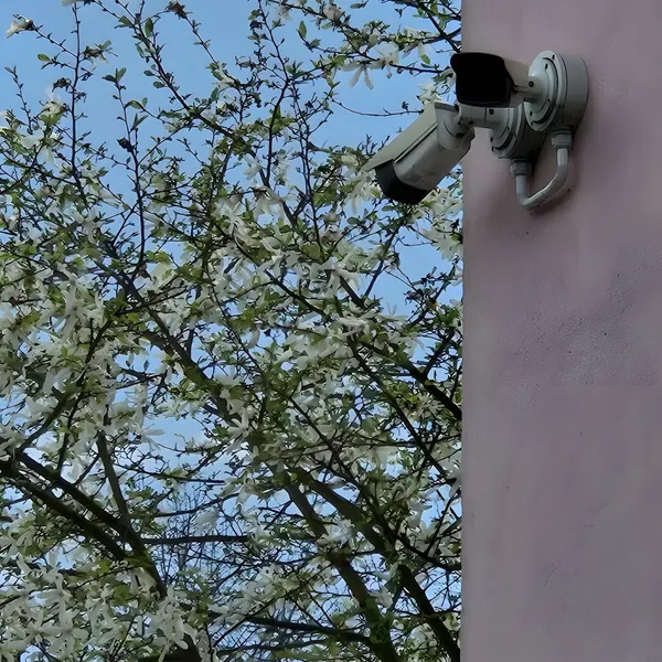 Kamera tubowa monitoringu CityNet na narożniku budynku mieszkalnego w Rzeszowie – uchwyt elewacyjny z poprowadzonym okablowaniem.